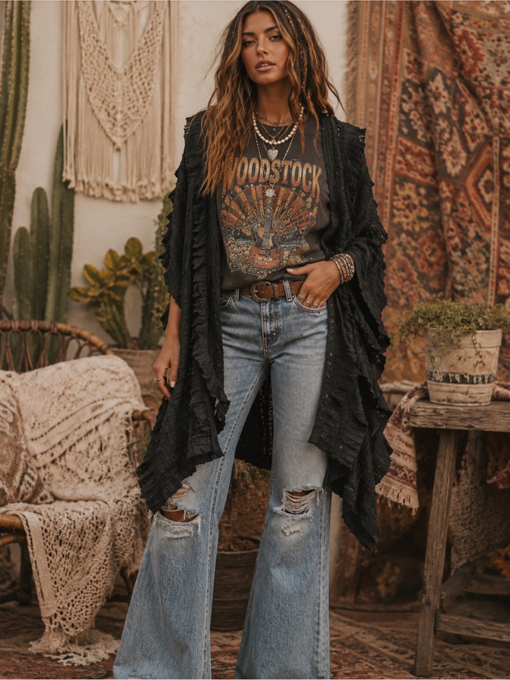 Blue Velvet Ruffle Poncho Top-Black